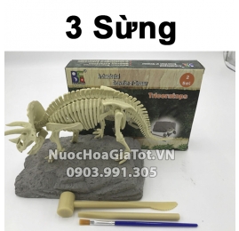 BỘ ĐỒ CHƠI KHẢO CỔ ĐÀO HÓA THẠCH 1 CON KHỦNG LONG 3 SỪNG SIZE M 20CM XƯƠNG TRẮNG